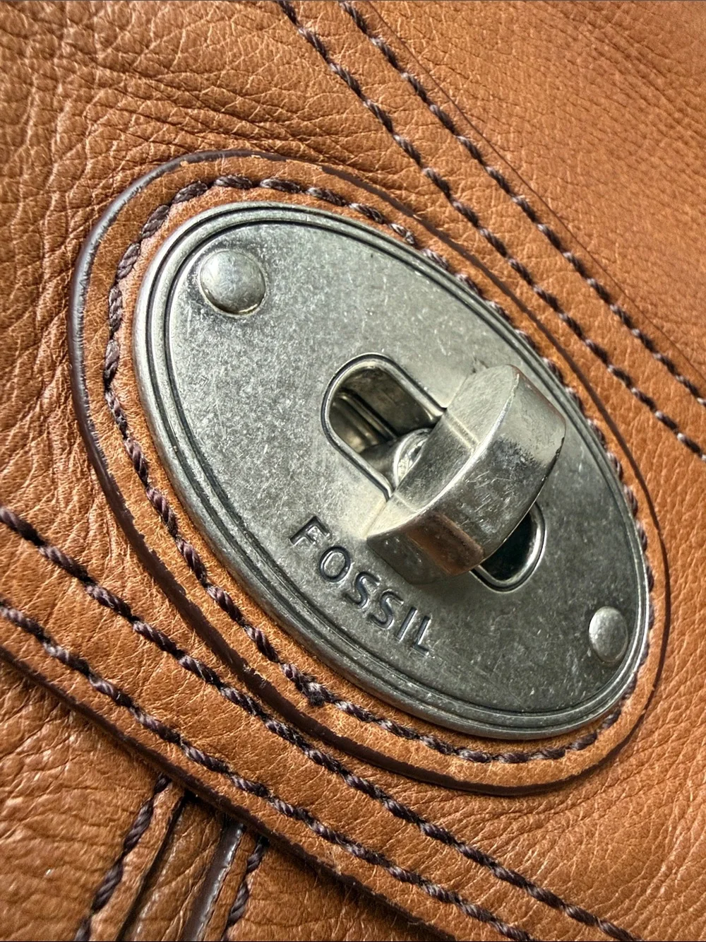 Fossil Tan Leather Messenger Bag with Silver Hardware
